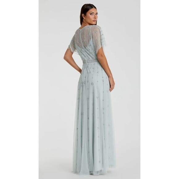 NWOT Mac Duggal Light Blue  Embellished Flutter Sleeve A Line Gown, sz 12 598$ - Picture 4 of 8